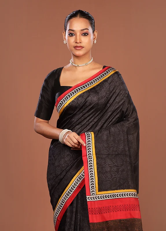 Black Printed Pure Silk Saree Without Blouse Piece One Size