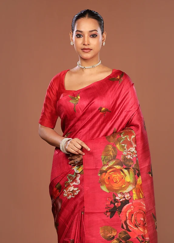 Red Printed Pure Silk Saree Without Blouse Piece One Size