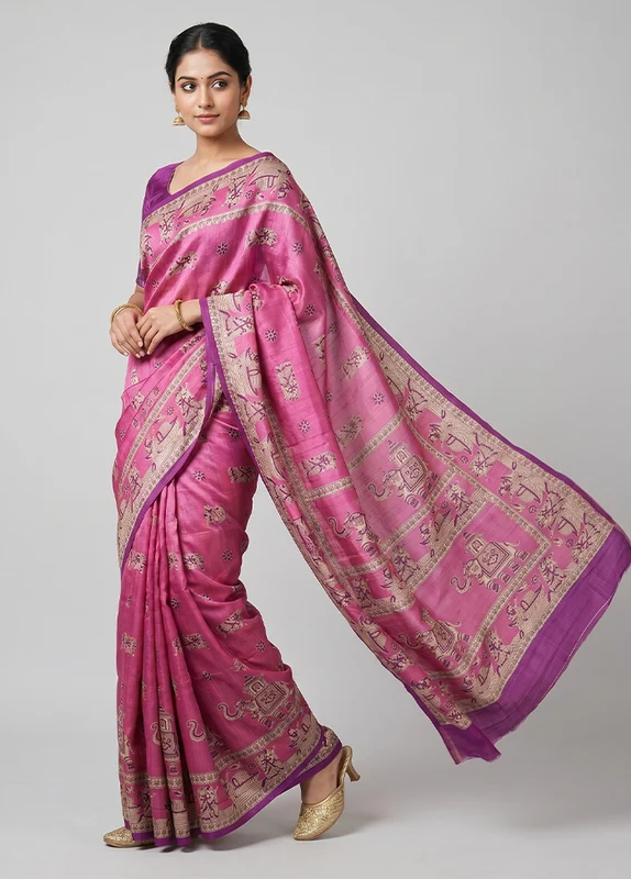 Pink Printed Silk Saree Without Blouse Piece One Size