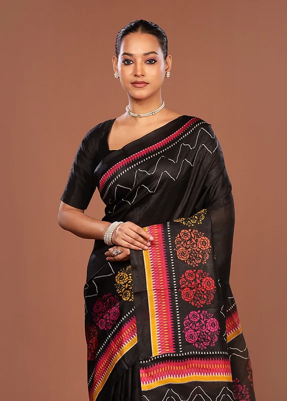Black Printed Silk Saree Without Blouse Piece One Size