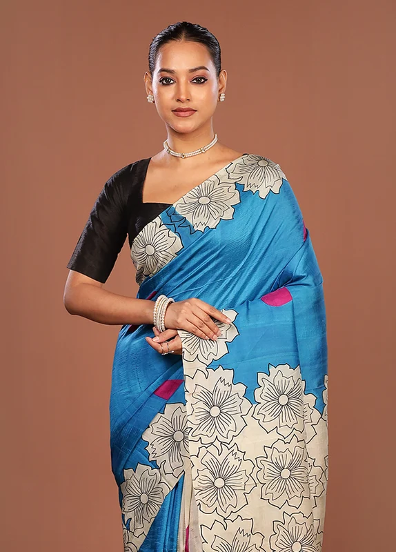 Blue Printed Silk Saree Without Blouse Piece One Size