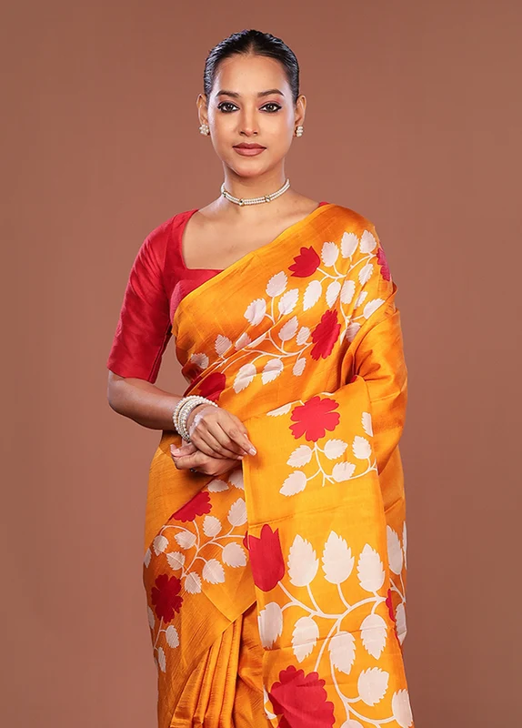 Yellow Printed Pure Silk Saree Without Blouse Piece One Size