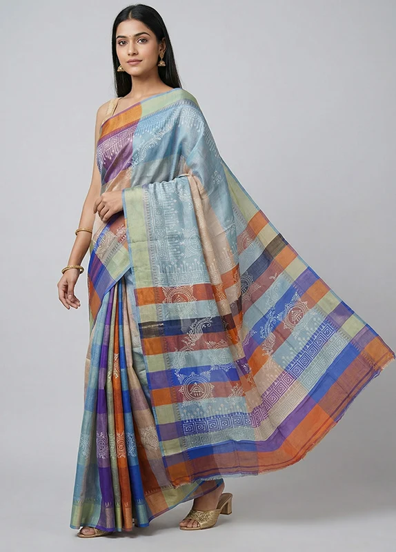 Blue Printed Silk Saree Without Blouse Piece One Size