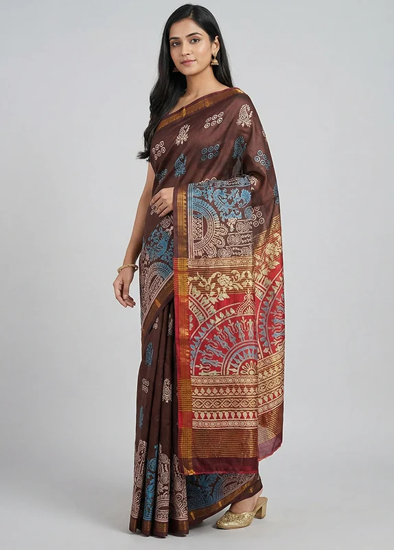 Maroon Printed Silk Saree Without Blouse Piece One Size