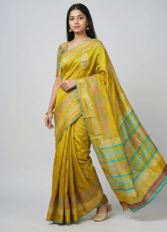 Green Printed Silk Saree Without Blouse Piece One Size