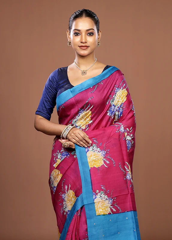 Pink Handloom Tussar Pure Silk Saree With Blouse Piece One Size