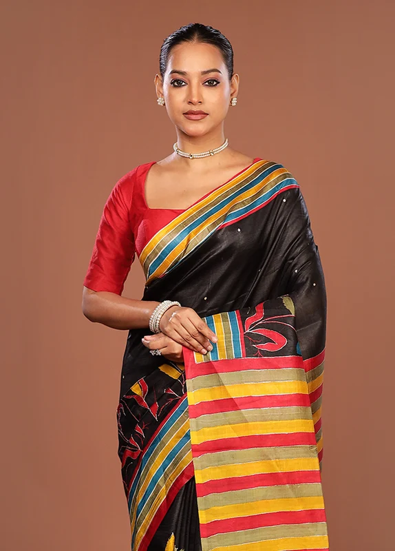 Black Handloom Tussar Pure Silk Saree With Blouse Piece One Size