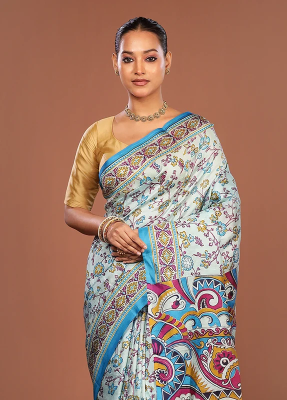 Blue Handloom Tussar Pure Silk Saree With Blouse Piece One Size