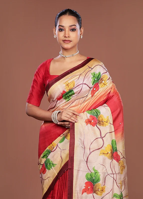 Red Handloom Tussar Pure Silk Saree With Blouse Piece One Size
