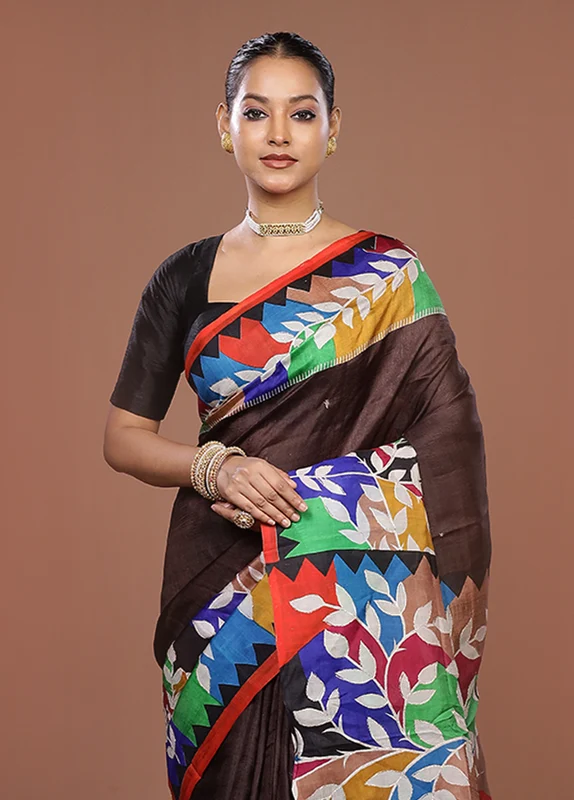 Maroon Handloom Tussar Pure Silk Saree With Blouse Piece One Size