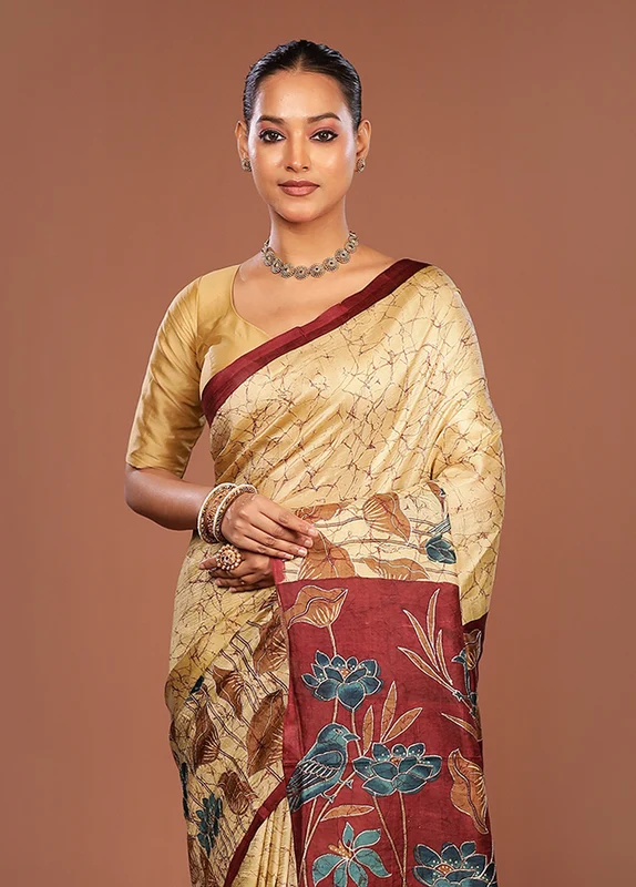 Maroon Handloom Tussar Pure Silk Saree With Blouse Piece One Size