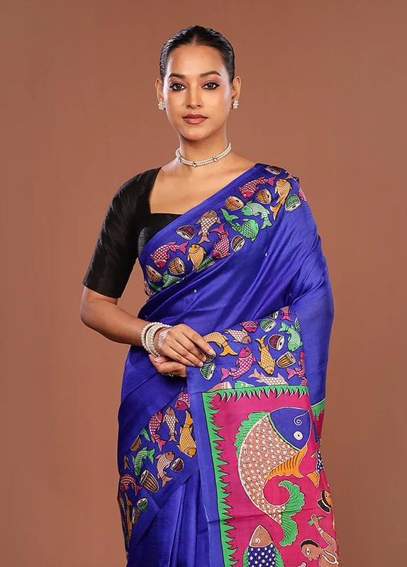 Blue Handloom Tussar Pure Silk Saree With Blouse Piece One Size