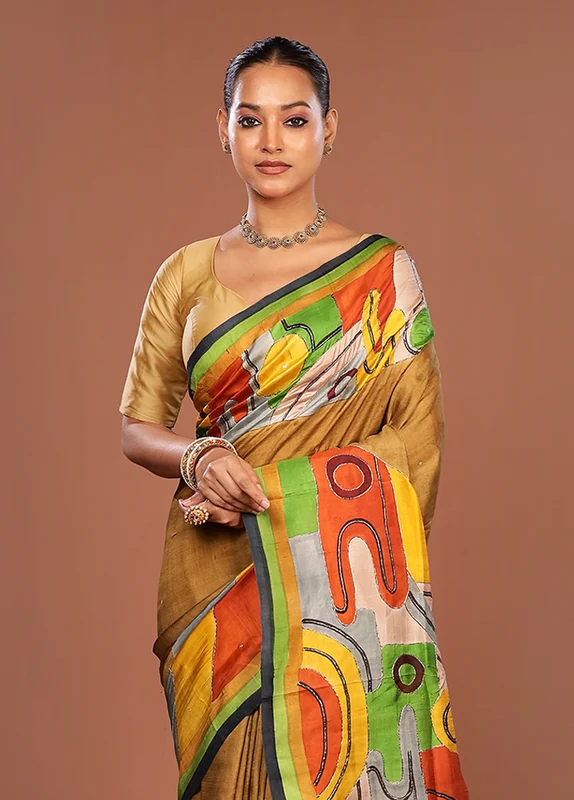 Multicolor Handloom Tussar Pure Silk Saree With Blouse Piece One Size