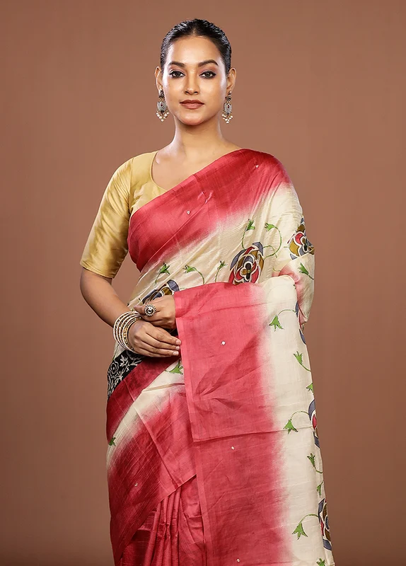 Cream Handloom Tussar Pure Silk Saree With Blouse Piece One Size