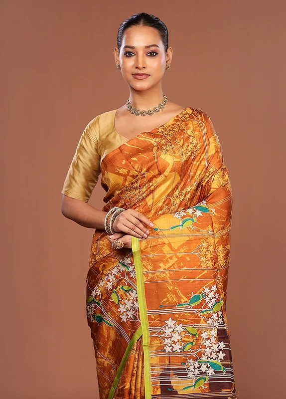 Orange Handloom Tussar Pure Silk Saree With Blouse Piece One Size