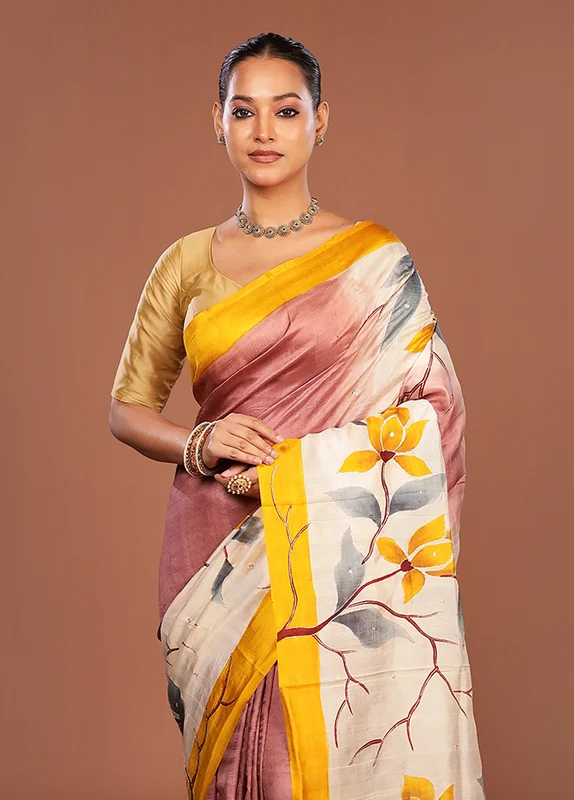 Cream Handloom Tussar Pure Silk Saree With Blouse Piece One Size