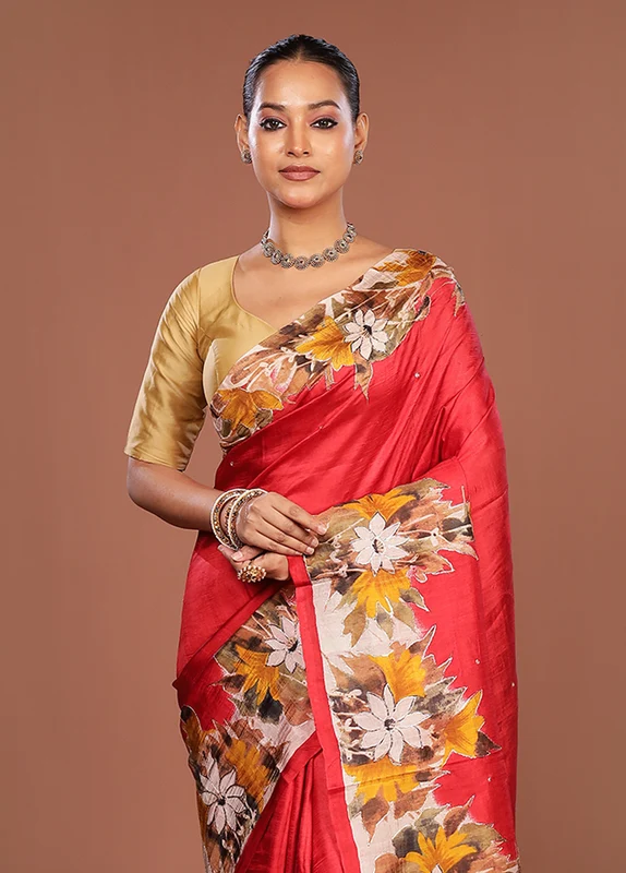 Multicolor Handloom Tussar Pure Silk Saree With Blouse Piece One Size