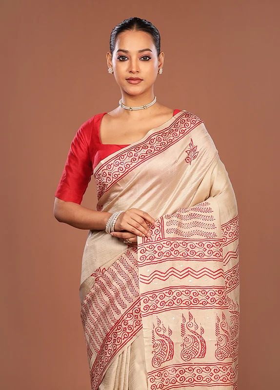 Cream Handloom Tussar Pure Silk Saree With Blouse Piece One Size
