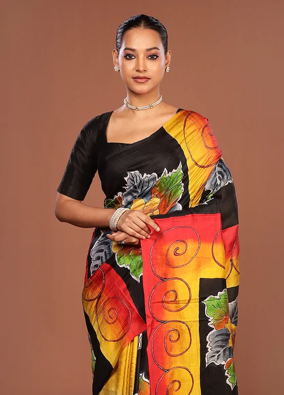 Multicolor Handloom Tussar Pure Silk Saree With Blouse Piece One Size