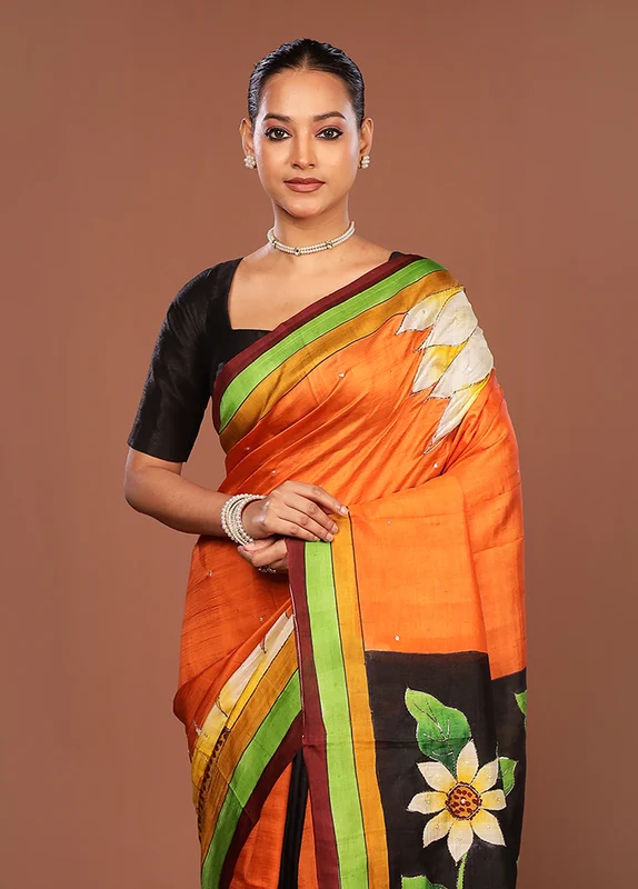 Multicolor Handloom Tussar Pure Silk Saree With Blouse Piece One Size