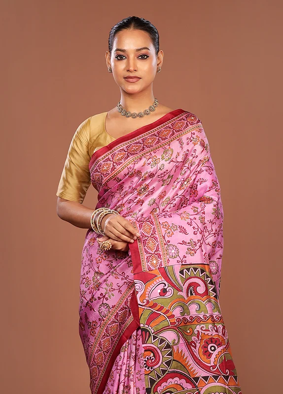 Pink Handloom Tussar Pure Silk Saree With Blouse Piece One Size