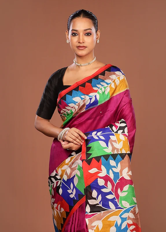 Pink Handloom Tussar Pure Silk Saree With Blouse Piece One Size