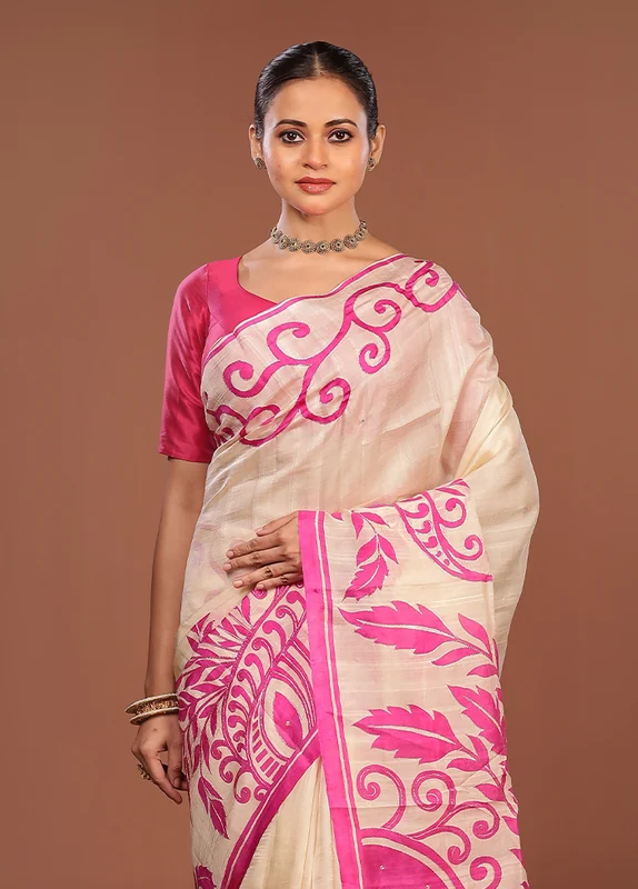 Cream Handloom Tussar Pure Silk Saree With Blouse Piece One Size