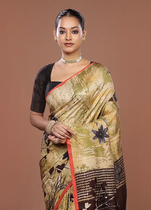 Green Handloom Tussar Pure Silk Saree With Blouse Piece One Size