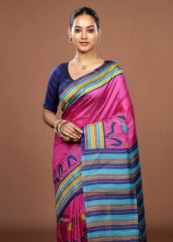 Pink Handloom Tussar Pure Silk Saree With Blouse Piece One Size