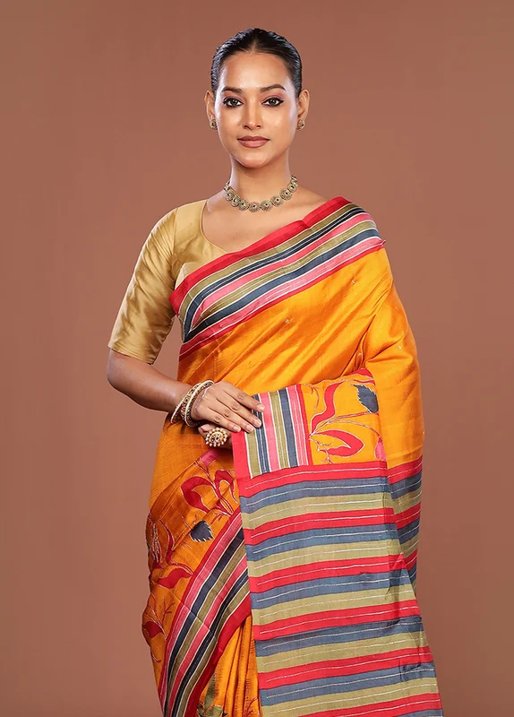 Yellow Handloom Tussar Pure Silk Saree With Blouse Piece One Size