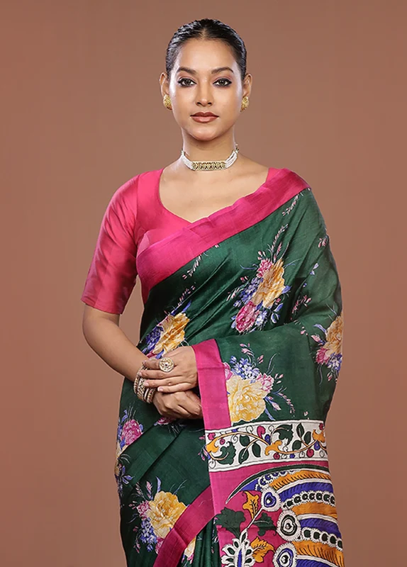 Green Handloom Tussar Pure Silk Saree With Blouse Piece One Size