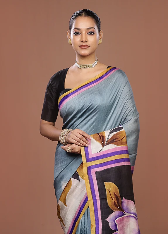 Black Handloom Tussar Pure Silk Saree With Blouse Piece One Size