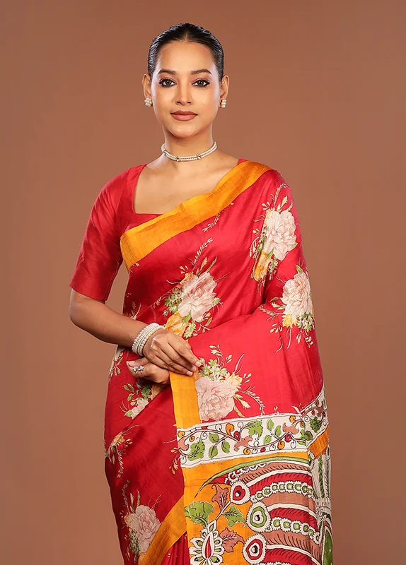 Multicolor Handloom Tussar Pure Silk Saree With Blouse Piece One Size