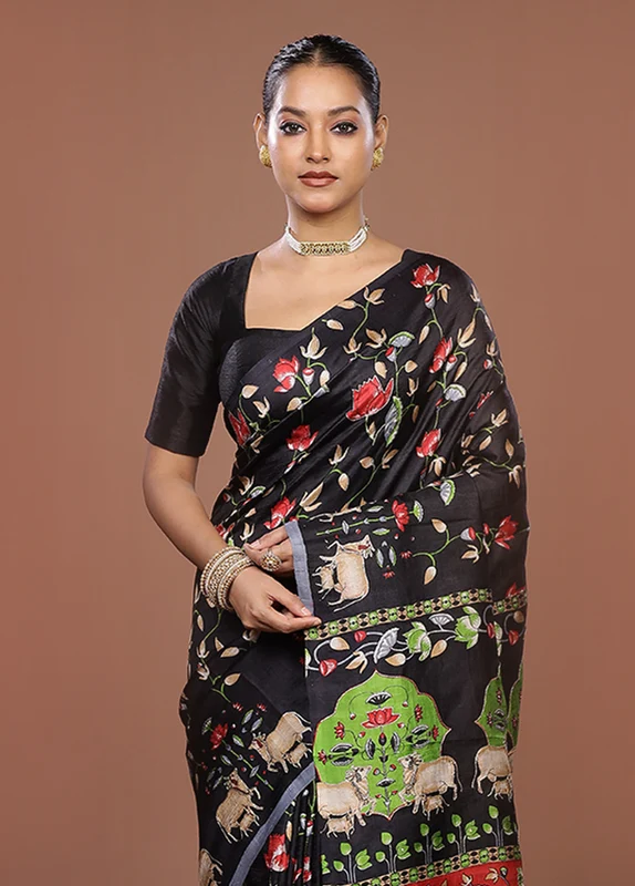 Black Handloom Tussar Pure Silk Saree With Blouse Piece One Size
