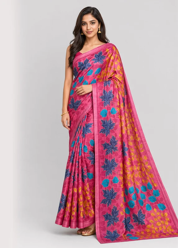 Pink Handloom Tussar Pure Silk Saree With Blouse Piece One Size