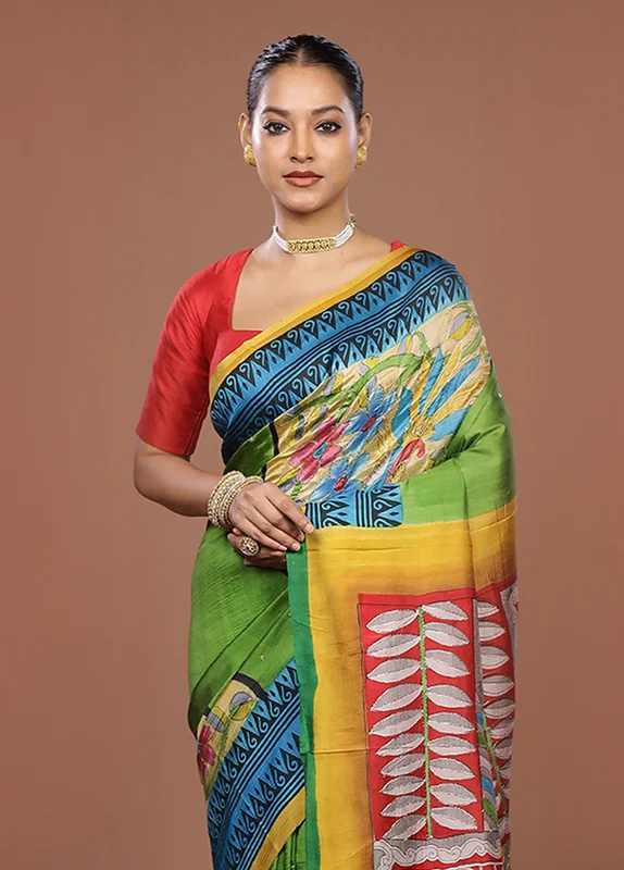 Multicolor Handloom Tussar Pure Silk Saree With Blouse Piece One Size
