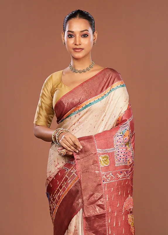Maroon Handloom Tussar Pure Silk Saree With Blouse Piece One Size