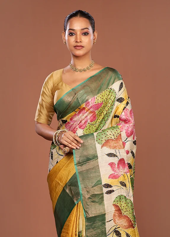 Green Handloom Tussar Pure Silk Saree With Blouse Piece One Size