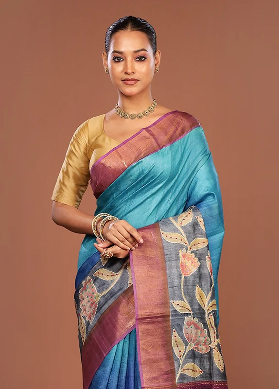 Blue Handloom Tussar Pure Silk Saree With Blouse Piece One Size
