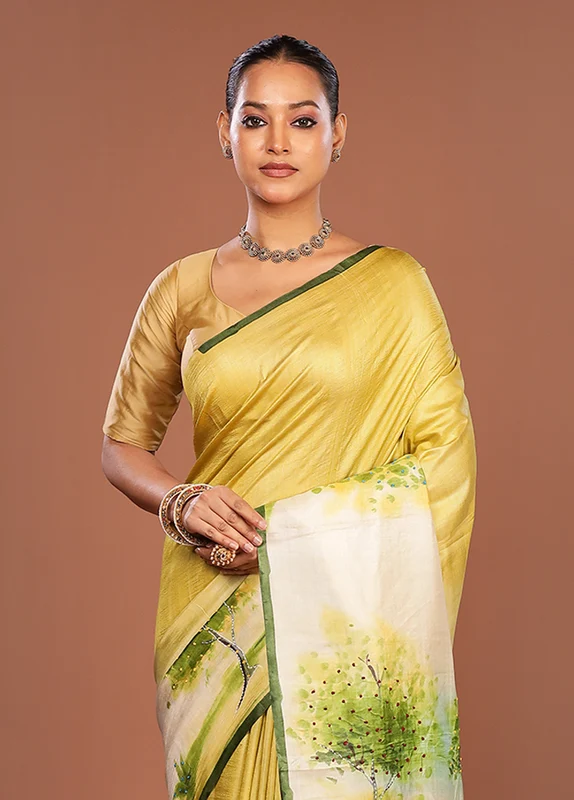 Cream Handloom Tussar Pure Silk Saree With Blouse Piece One Size