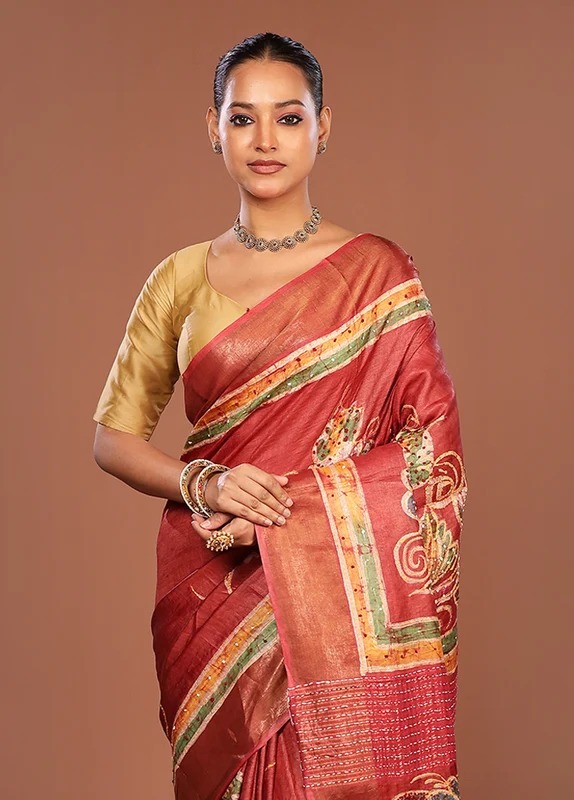 Maroon Handloom Tussar Pure Silk Saree With Blouse Piece One Size