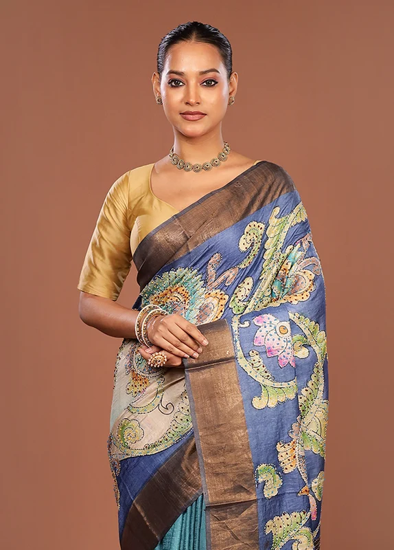 Blue Handloom Tussar Pure Silk Saree With Blouse Piece One Size