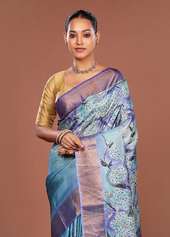 Blue Handloom Tussar Pure Silk Saree With Blouse Piece One Size