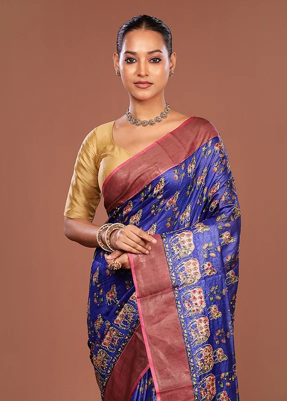 Blue Handloom Tussar Pure Silk Saree With Blouse Piece One Size