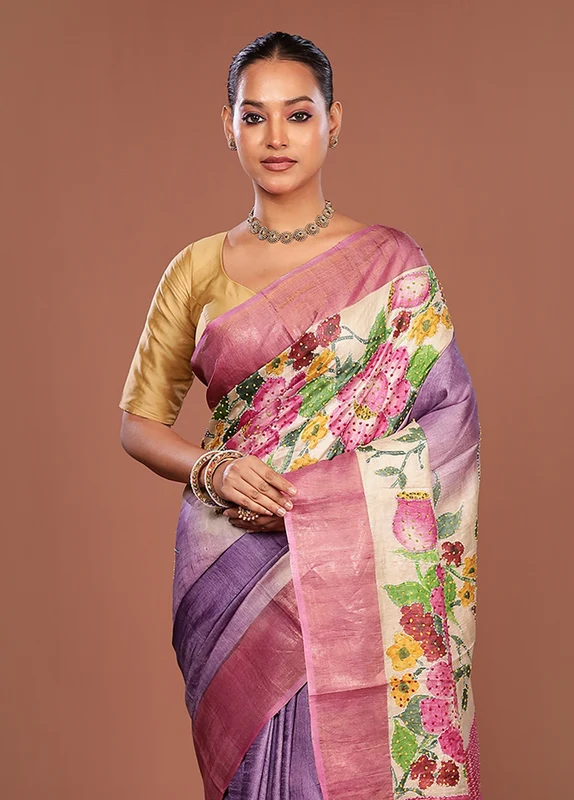 Pink Handloom Tussar Pure Silk Saree With Blouse Piece One Size