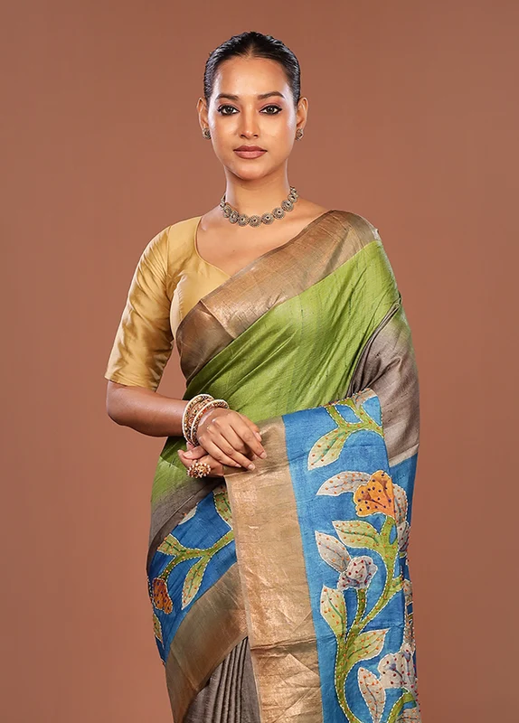 Blue Handloom Tussar Pure Silk Saree With Blouse Piece One Size