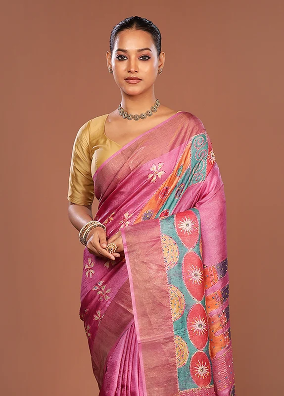 Pink Handloom Tussar Pure Silk Saree With Blouse Piece One Size