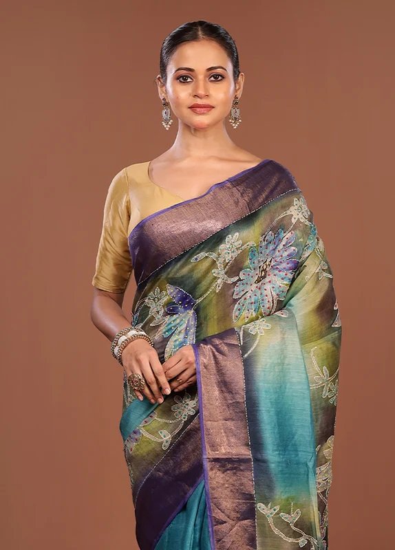 Multicolor Handloom Tussar Pure Silk Saree With Blouse Piece One Size