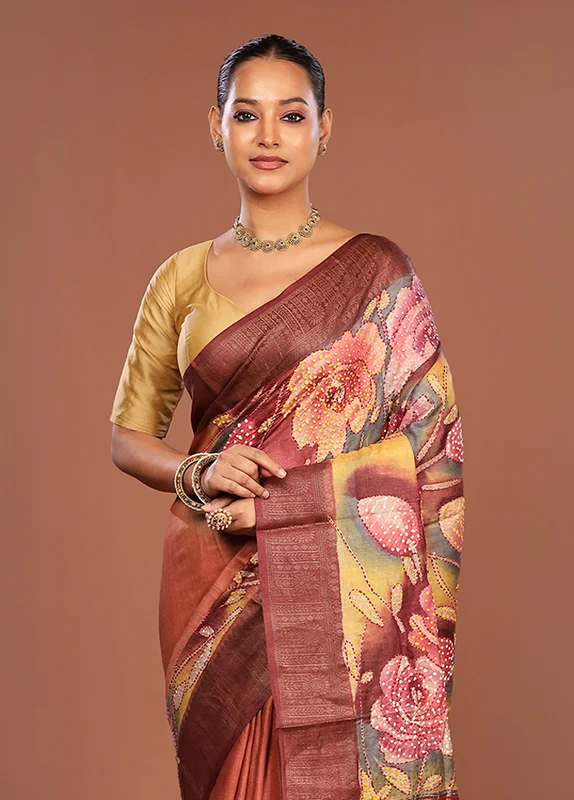 Multicolor Handloom Tussar Pure Silk Saree With Blouse Piece One Size