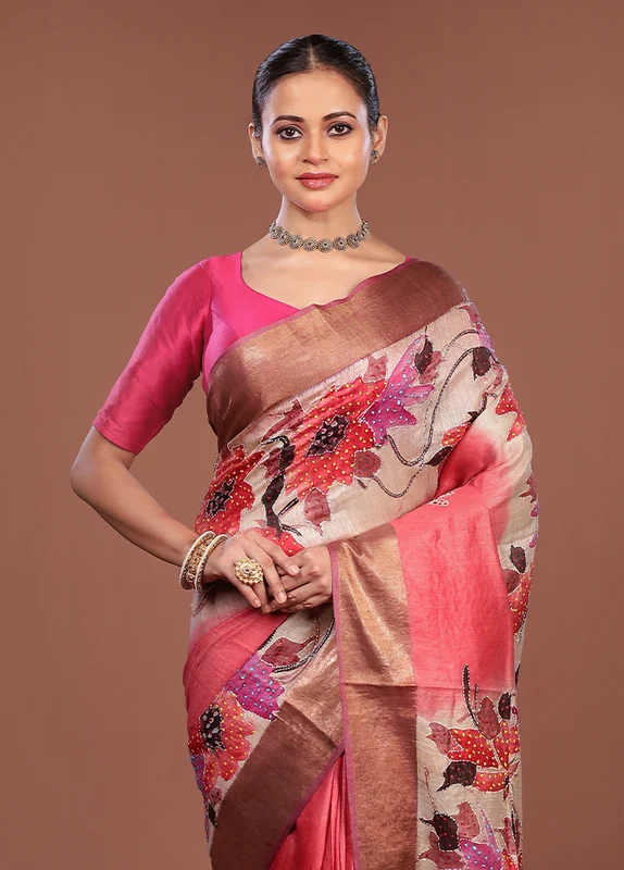 Multicolor Handloom Tussar Pure Silk Saree With Blouse Piece One Size